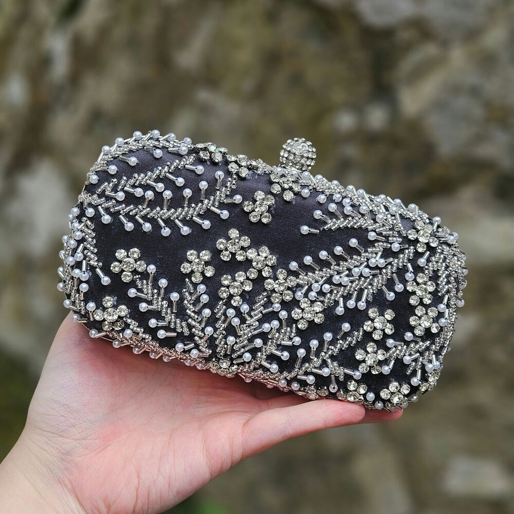 Boutique Black Rhinestone Pearl Beaded Evening Clutch Crossbody Wedding Bag